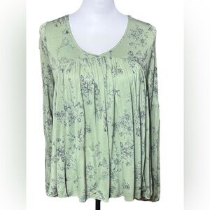 Anama Boho Chic Blouse Green Floral Bishop Sleeves & Tiered Babydoll Small NWT